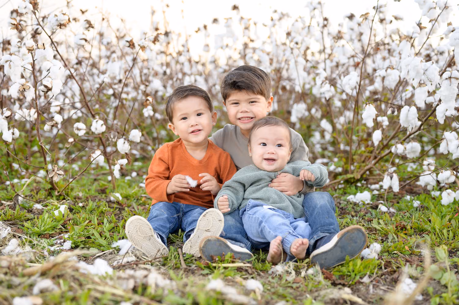 Two brothers sitting in a cotton field with the older one holding his baby brother at Upper Mill Plantation
