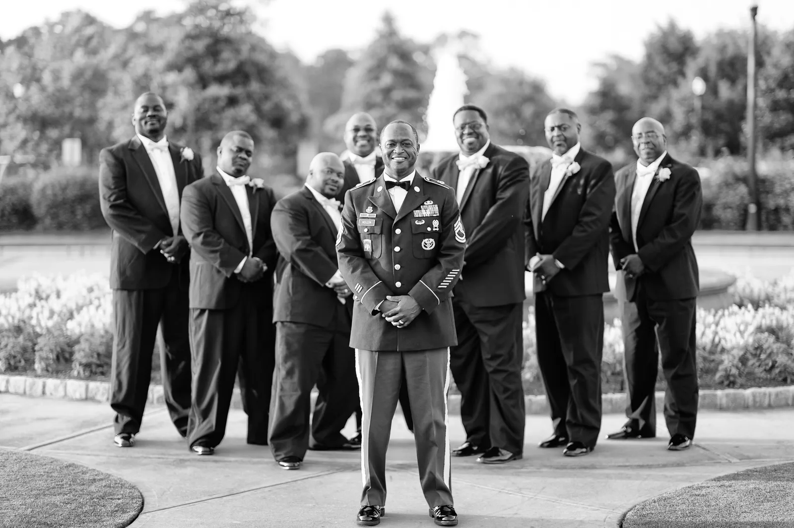 Groom standing in front of Groomsmen in military uniform  - Pine Lakes - North Myrtle Beach