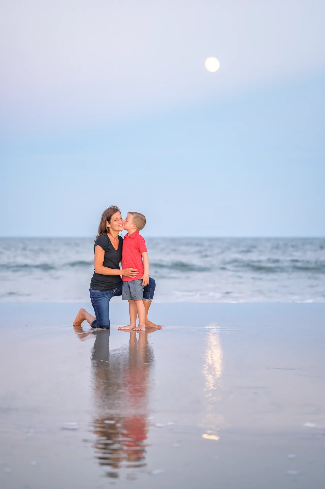 Mom and son at full moon - Huntington Beach State Park