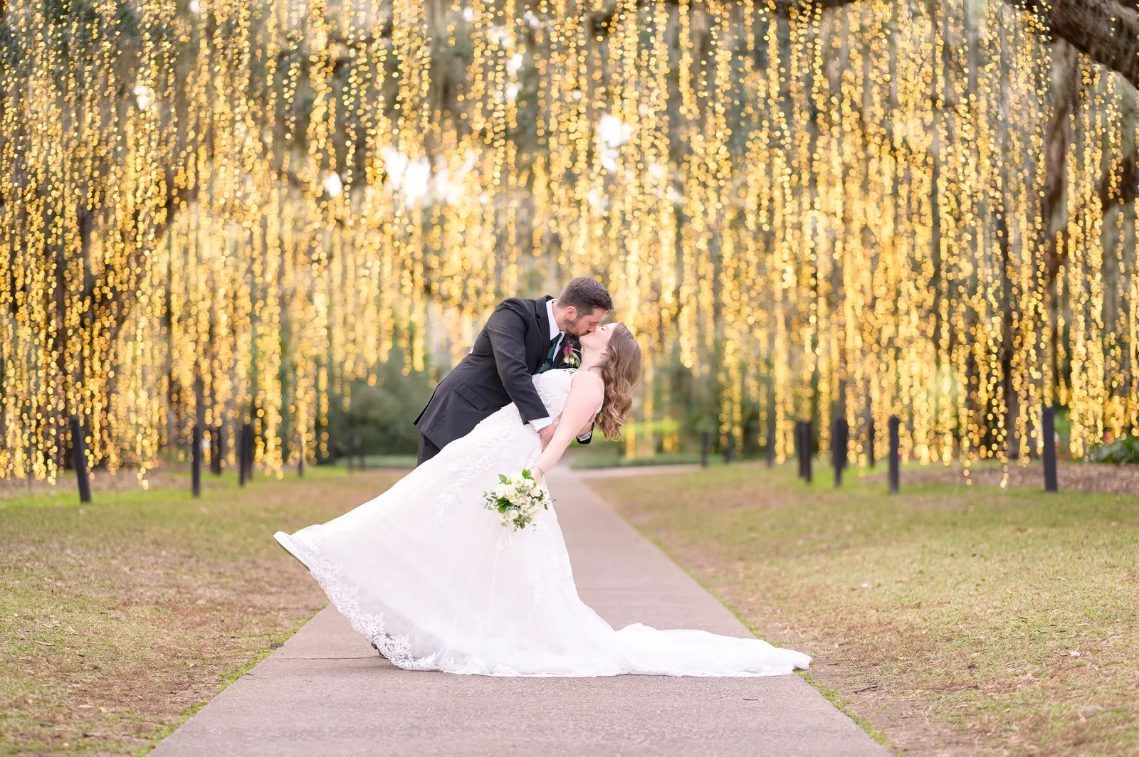 Dip on the Oak Allee under the lights, Night of a Thousand Candles Wedding - Oak Allee - Night of a Thousand Candles - Brookgreen Gardens