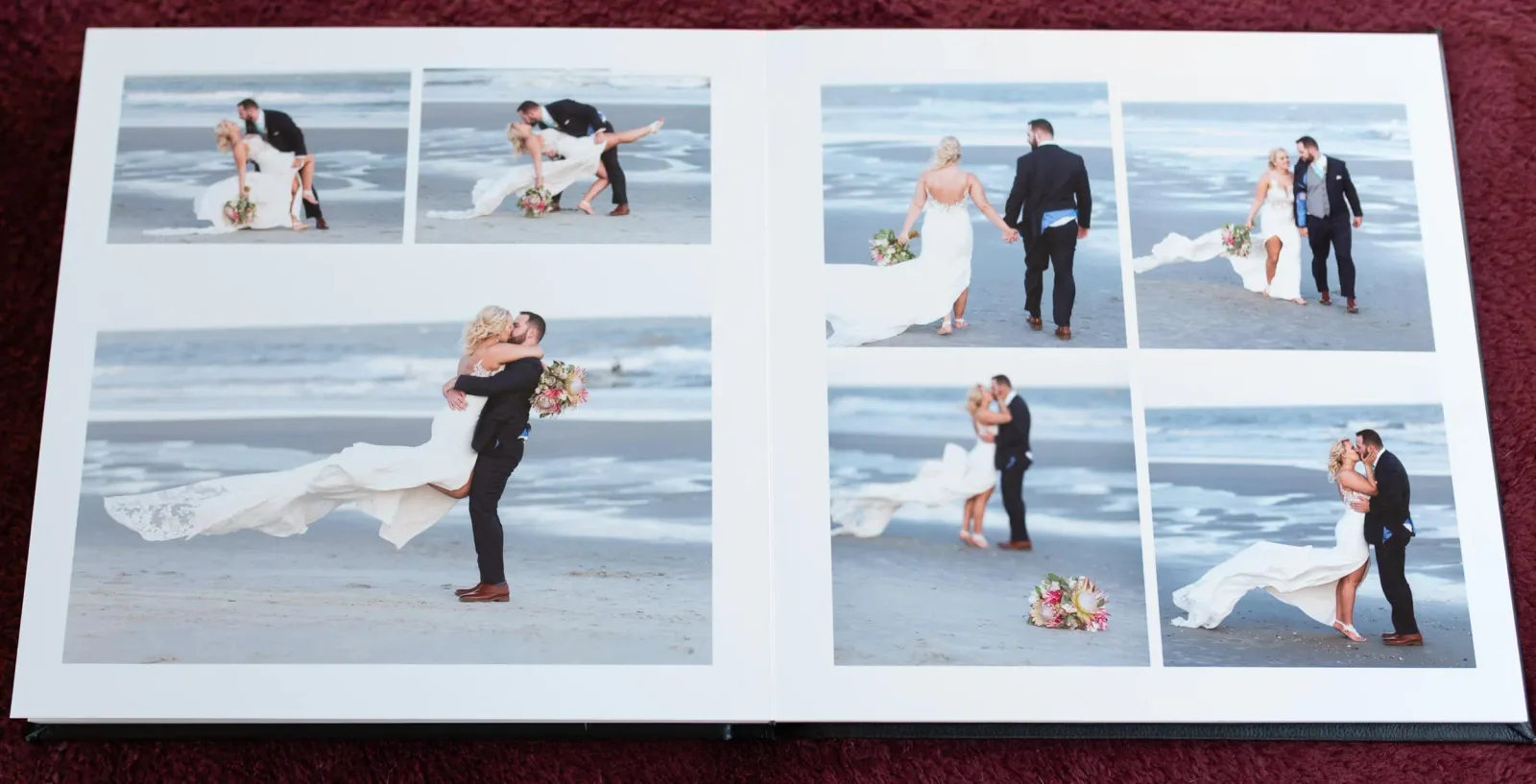 Wedding album spread with a series of beach portraits of the couple