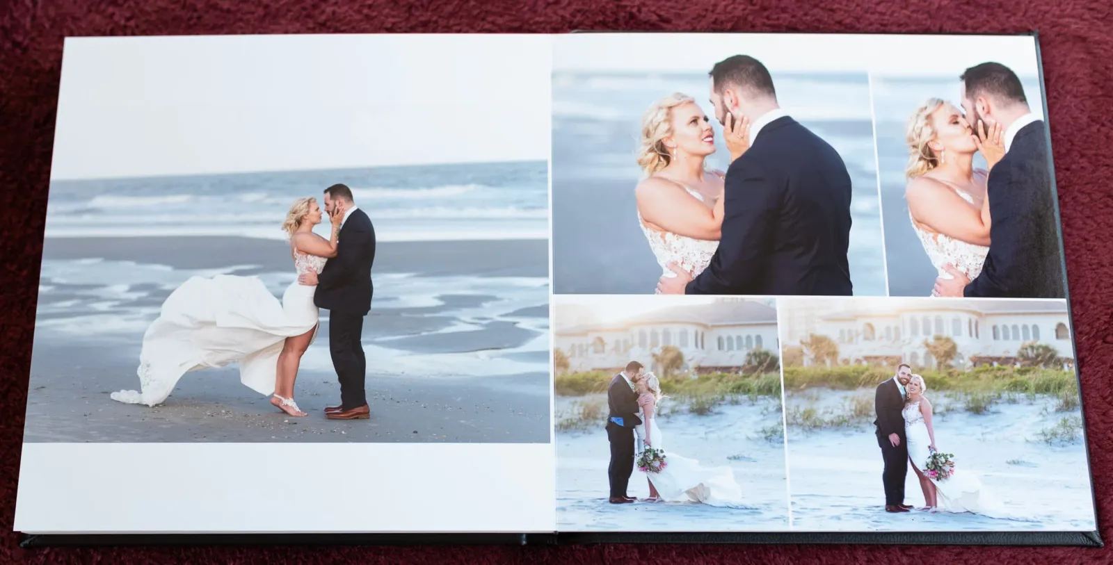 Wedding album spread with beach portraits of the couple and the bride's dress blowing in the wind