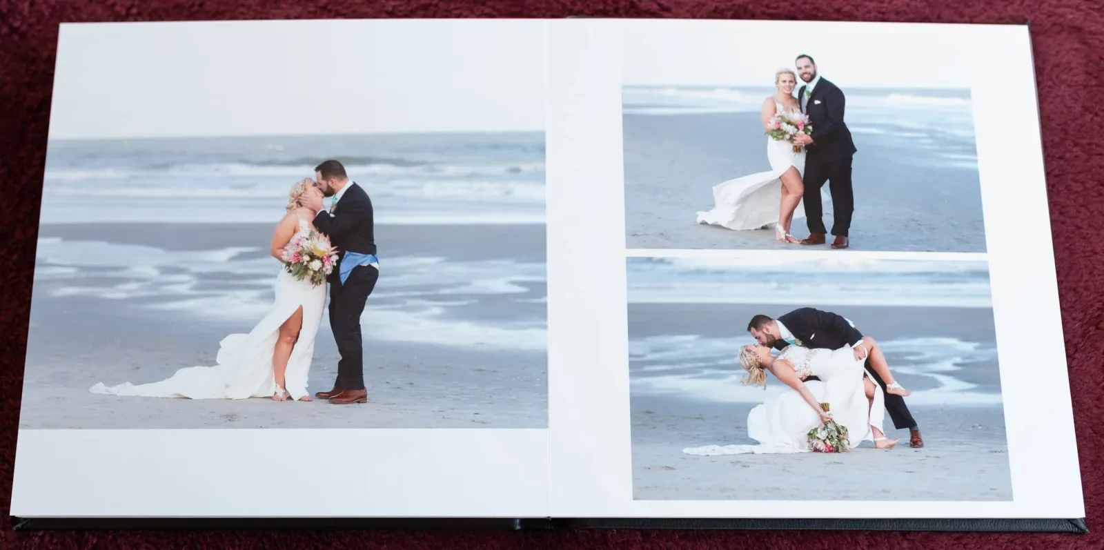 Wedding album spread with three beach portraits of the couple, including a dip kiss