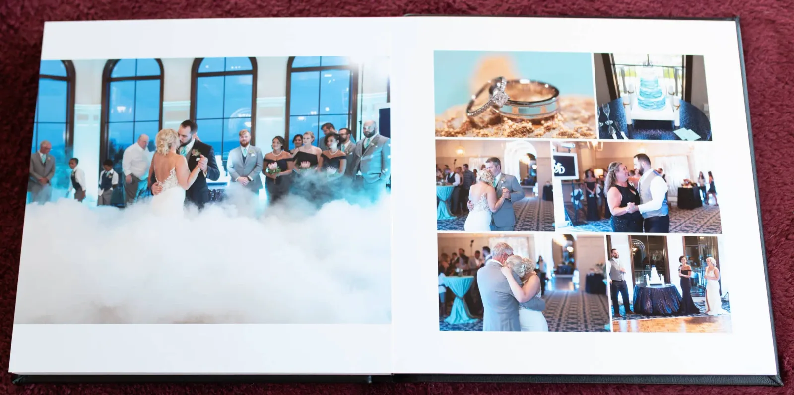 Wedding album spread with a first dance on a cloud of fog, the rings, the cake and reception photos