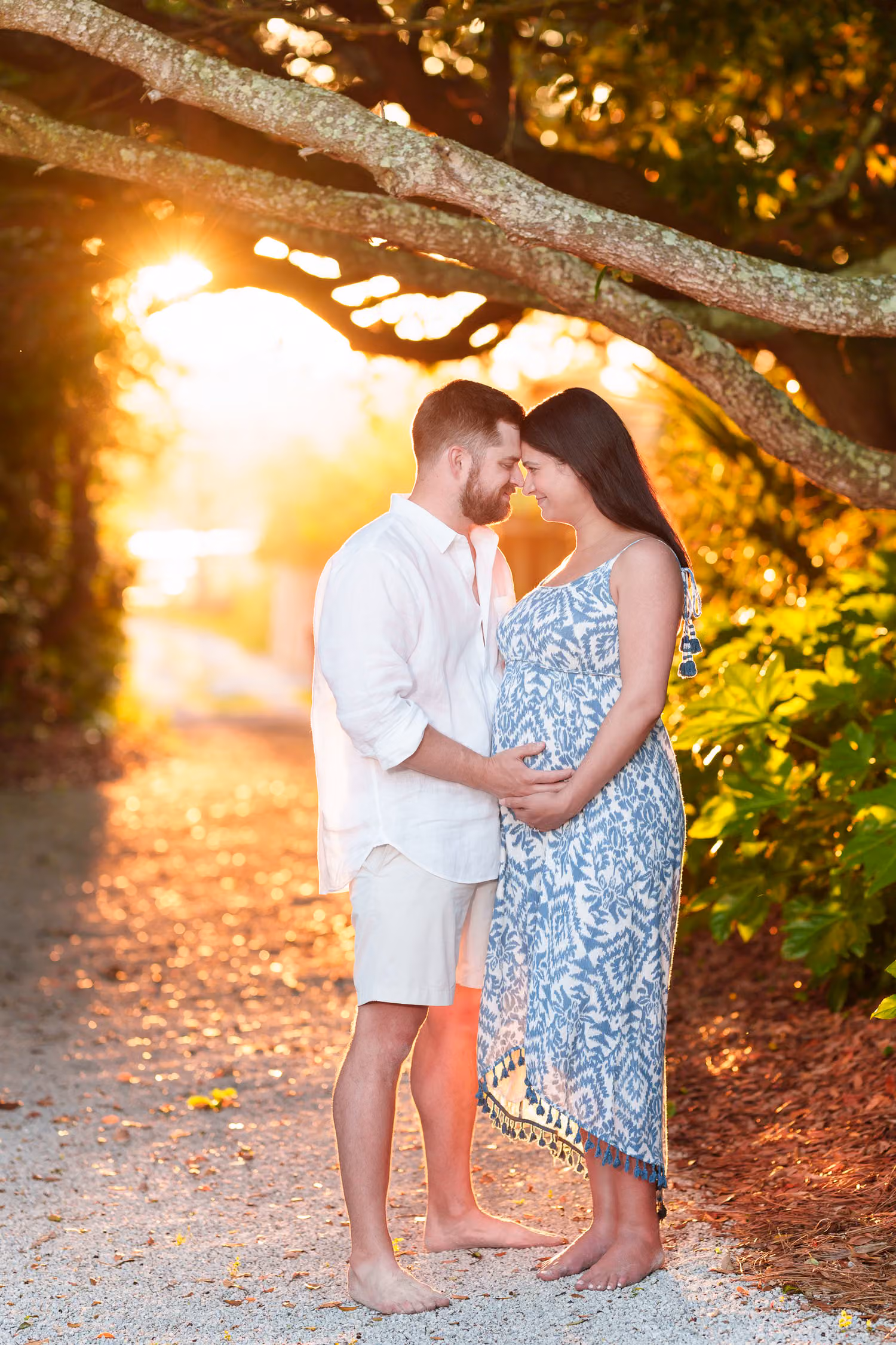 Expectant couple touching foreheads on a garden path as the sunset glows through the arching trees in Pawleys Island