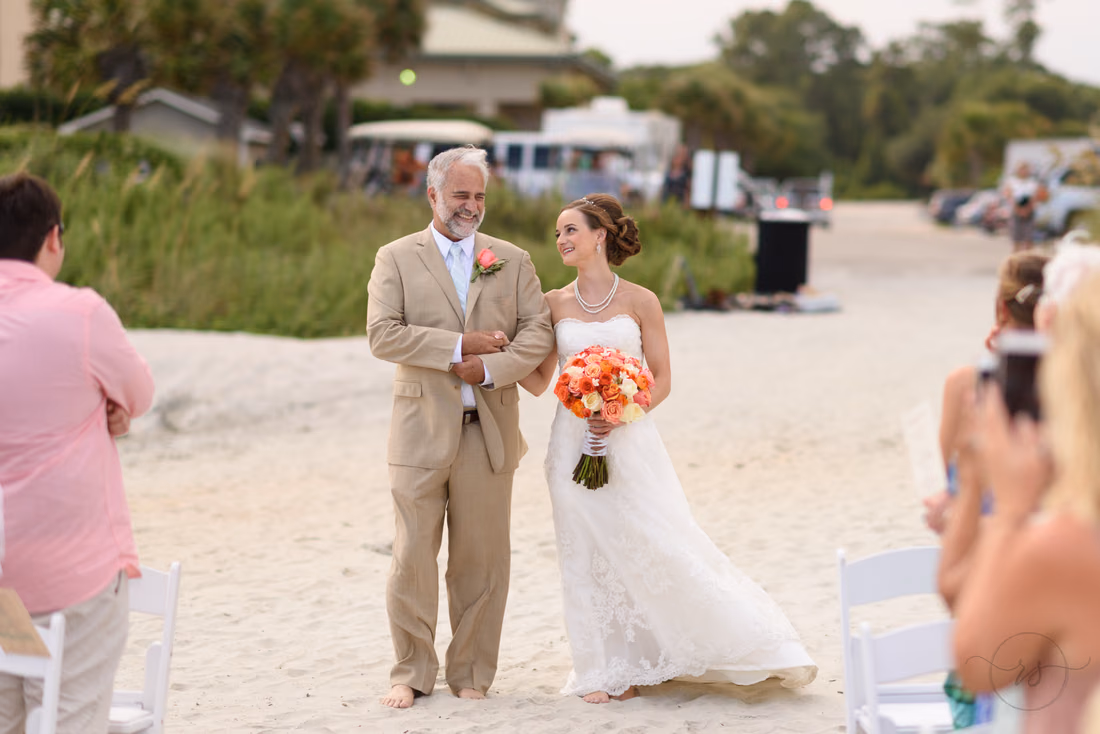 Bride and father with big smiles - Hilton Myrtle Beach Resort at Kingston Resorts