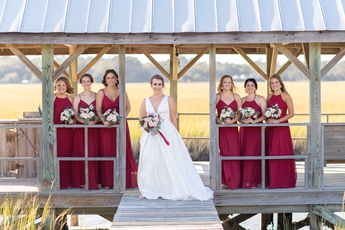 Bride and bridesmaids on the marsh boat dock - Pelican Inn - Pawleys Island