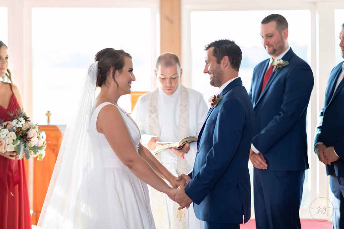 Bride and groom smiling after vows - Pawleys Island Chapel