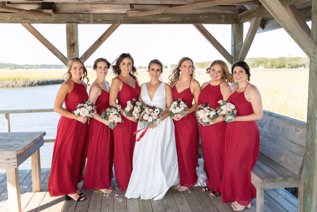 Portrait of bridesmaids on the marsh dock - Pelican Inn - Pawleys Island