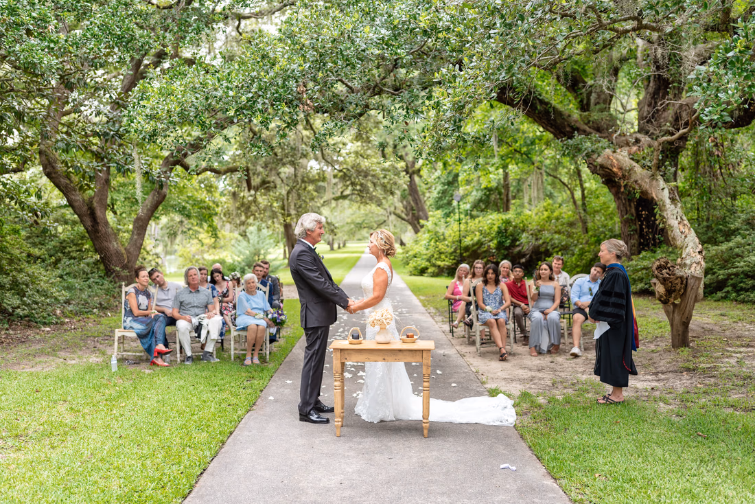 Bride and groom holding hands during the ceremony - Holiday Cottage - Brookgreen Gardens