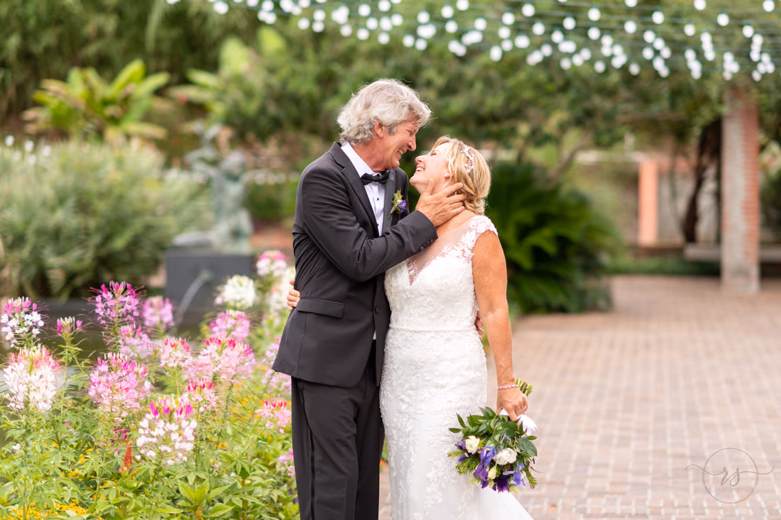Groom touching bride's face - Fountain of the Muses - Brookgreen Gardens