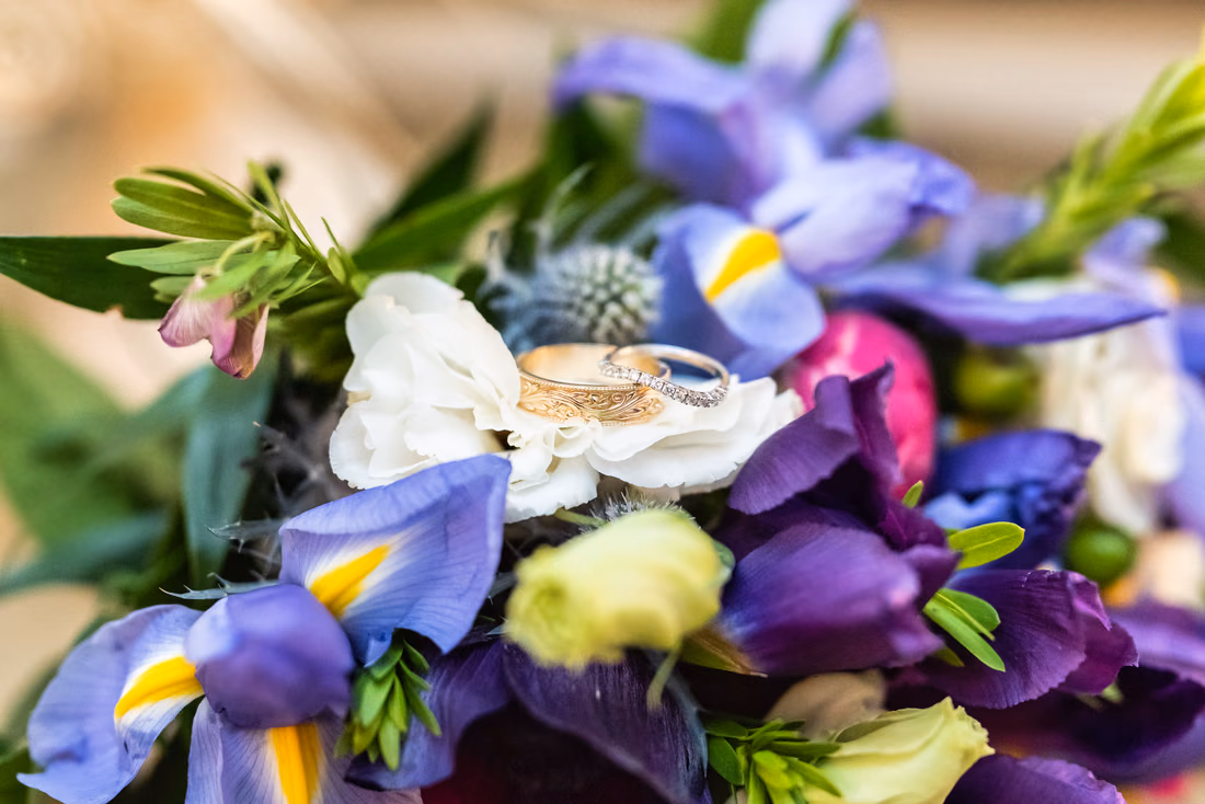 Wedding rings lying on the bouquet - Holiday Cottage - Brookgreen Gardens