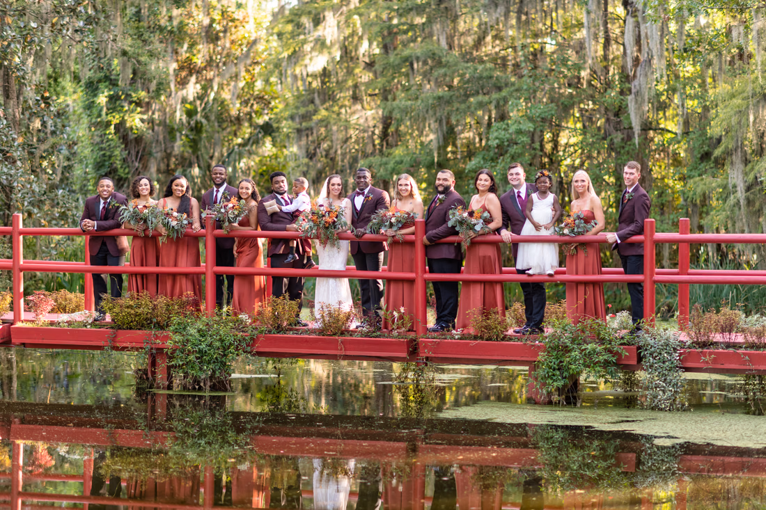 Bridal party on the red bridge - Magnolia Plantation - Charleston, SC