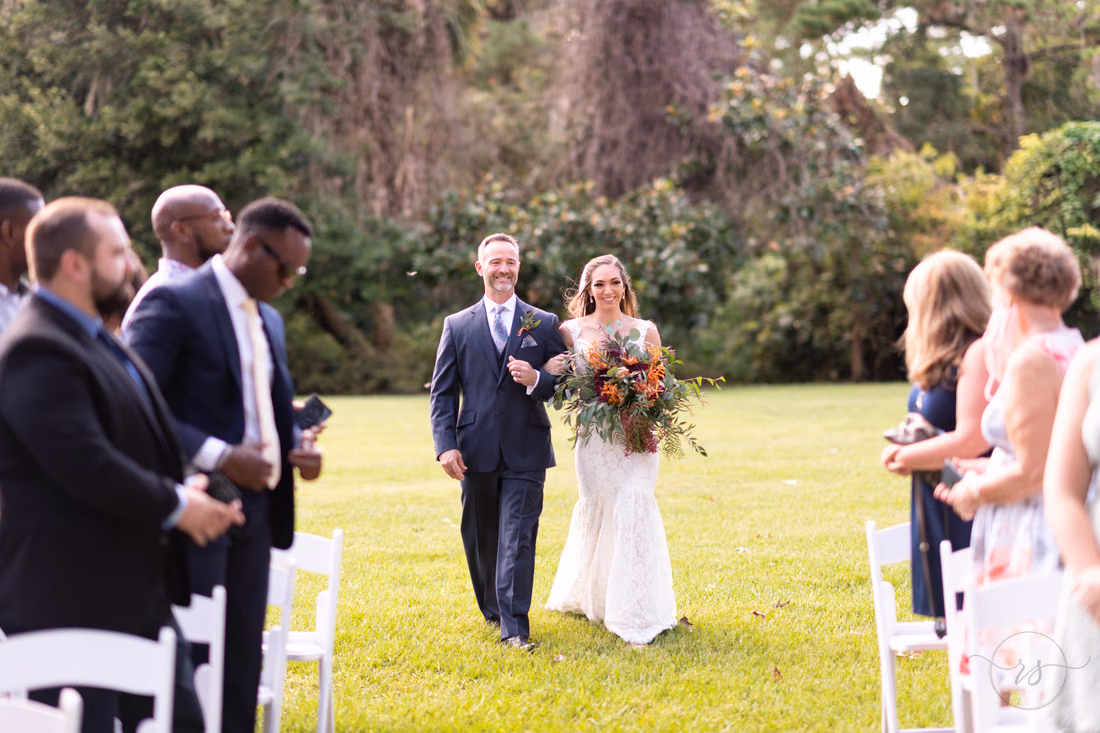 Bride and father walking to the ceremony - Magnolia Plantation - Charleston, SC