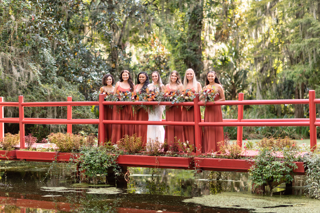 Bridesmaids on the red bridge - Magnolia Plantation - Charleston, SC