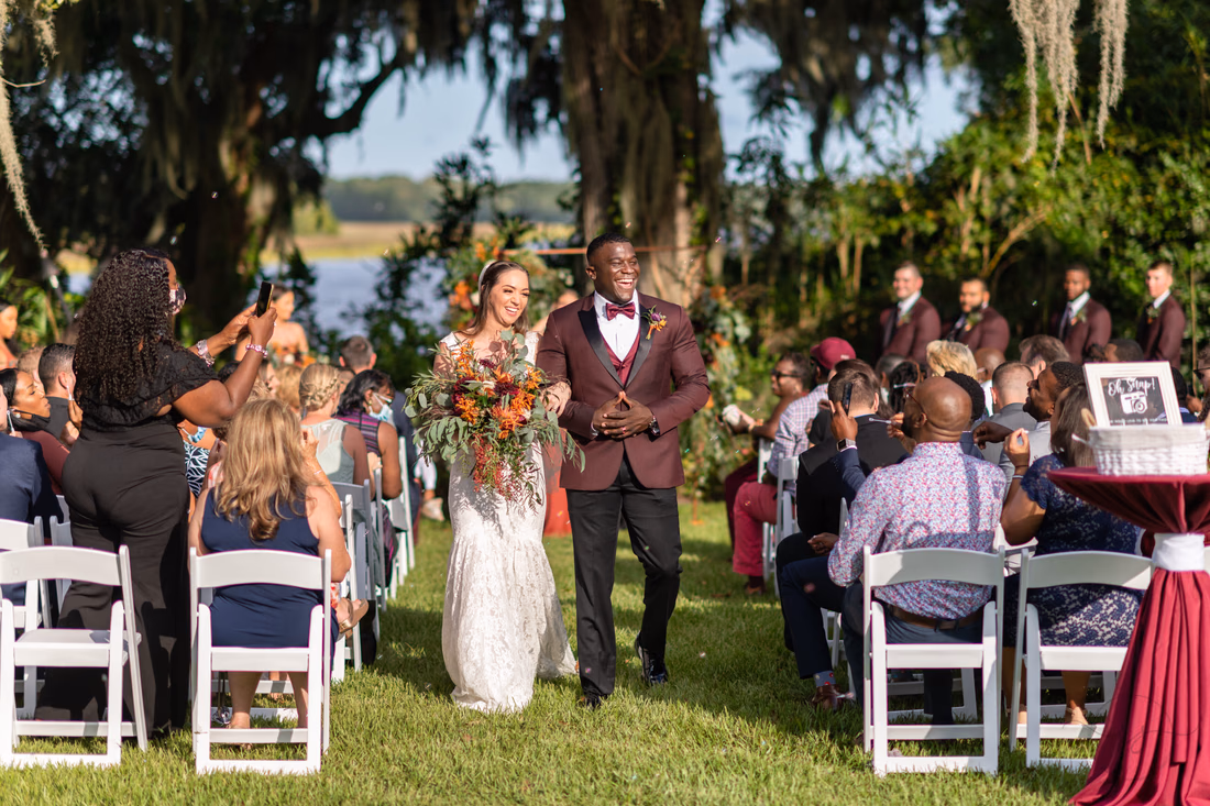 Happy bride and groom after the ceremony - Magnolia Plantation - Charleston, SC