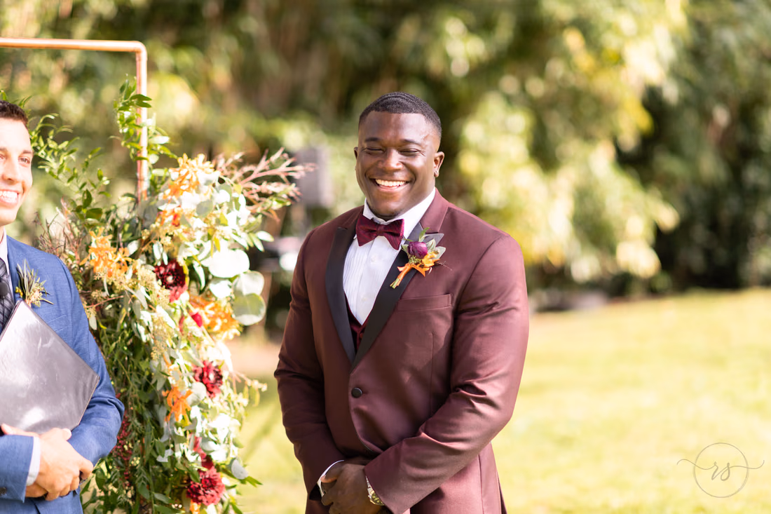 Happy groom waiting on the bride - Magnolia Plantation - Charleston, SC