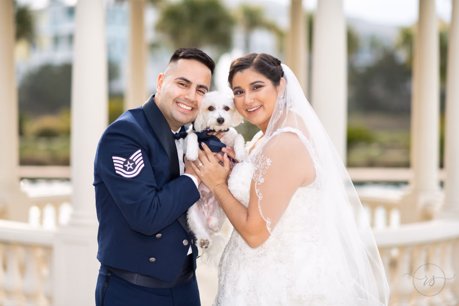 Bride and groom with their three leg doggie ring bearer - 21 Main Events at North Beach