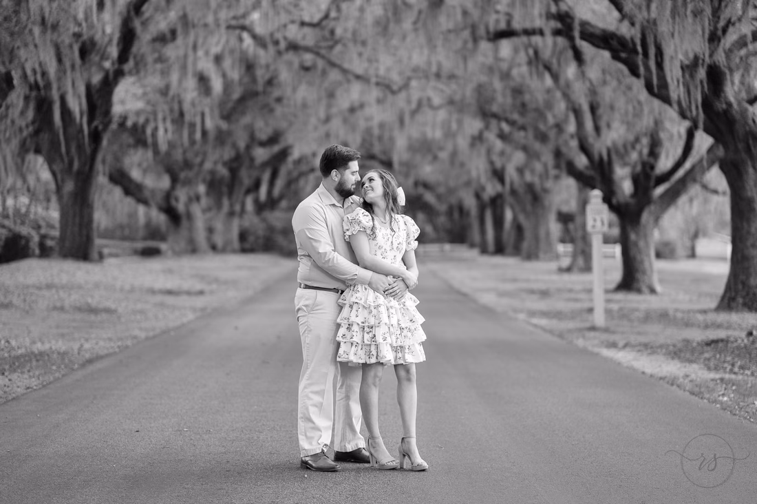 Black and white portrait of the couple hugging on the oak-lined road at Caledonia Golf and Fish Club