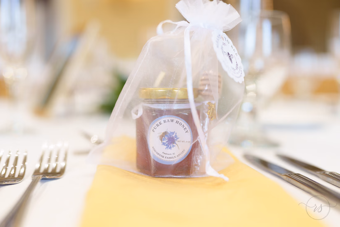 Honey jar wedding favor at a place setting - Francis Marion Charleston