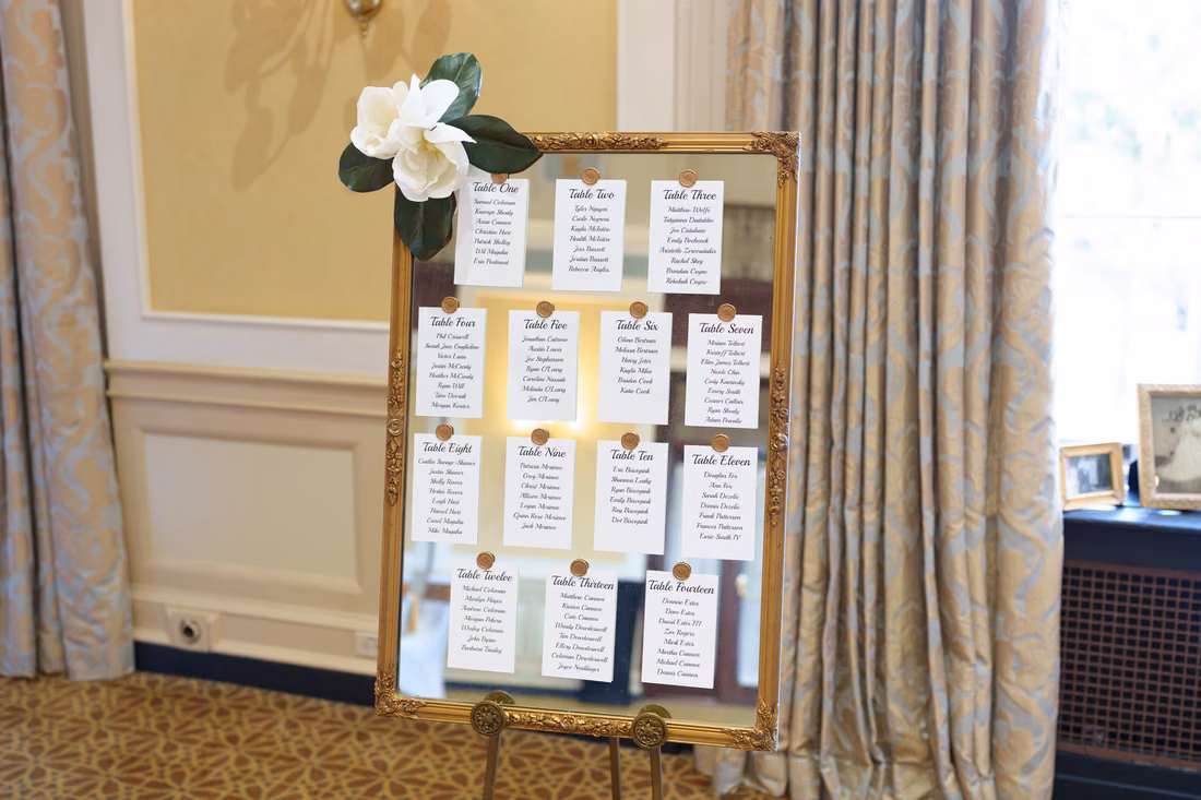 Gold mirror seating chart in the ballroom - Francis Marion Charleston