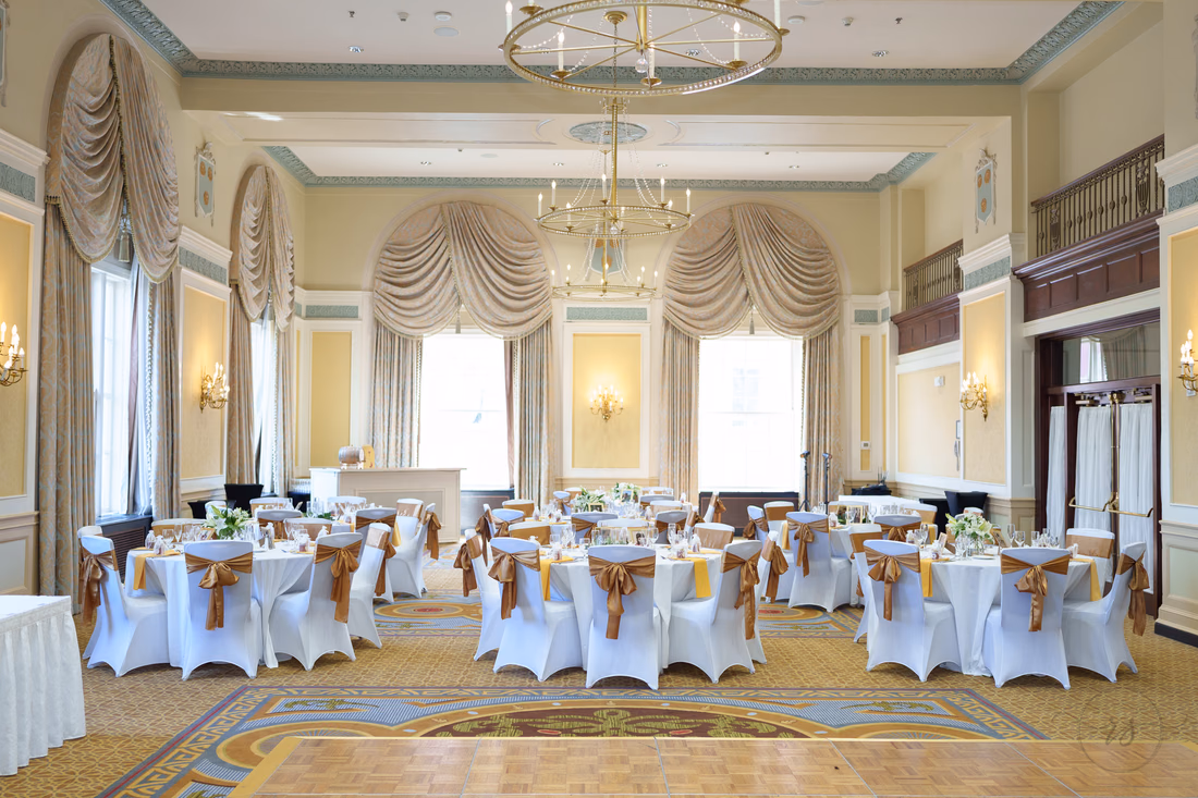 Ballroom set for the reception under the chandelier - Francis Marion Charleston