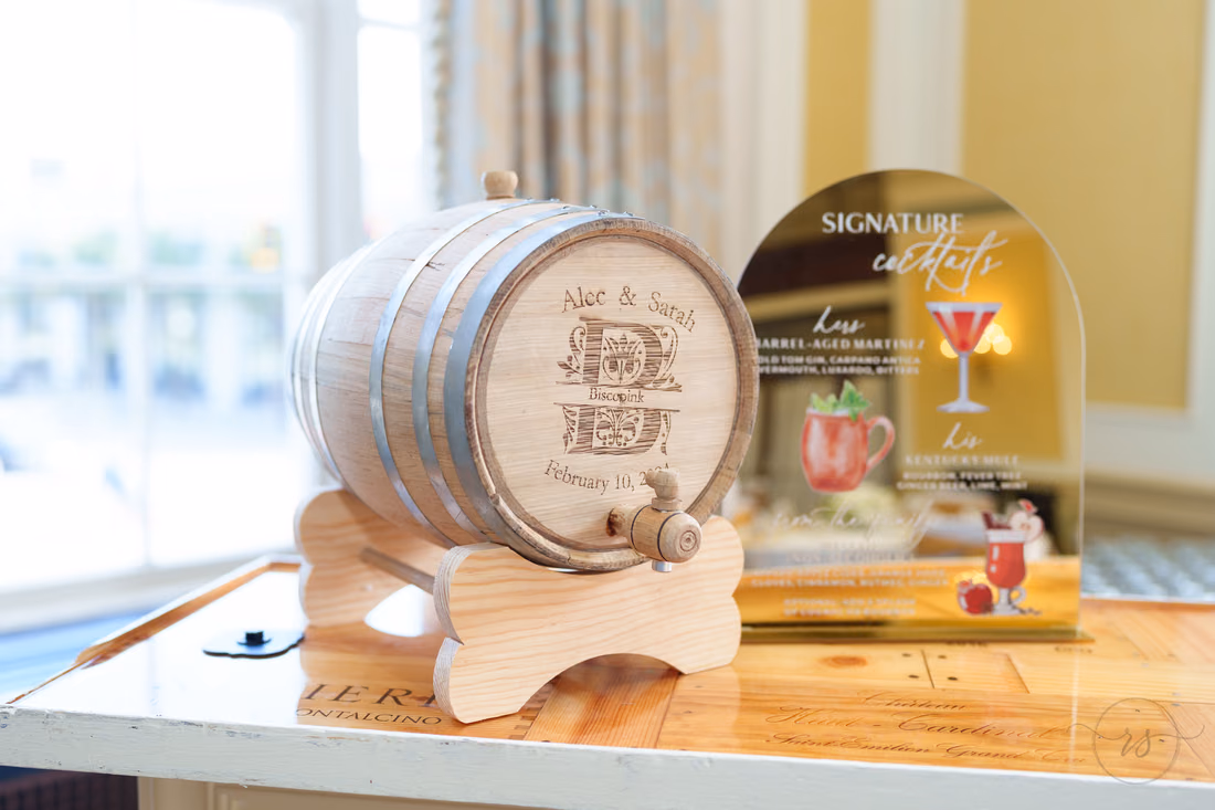Engraved whiskey barrel and signature cocktail sign - Francis Marion Charleston