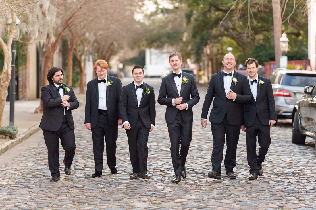 Groomsmen trying to look cool walking down the street - Chalmers Street