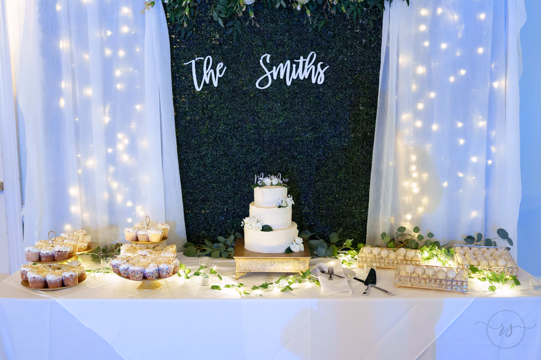 Wedding cake and cupcake table in front of a greenery wall with string lights at Pawleys Plantation