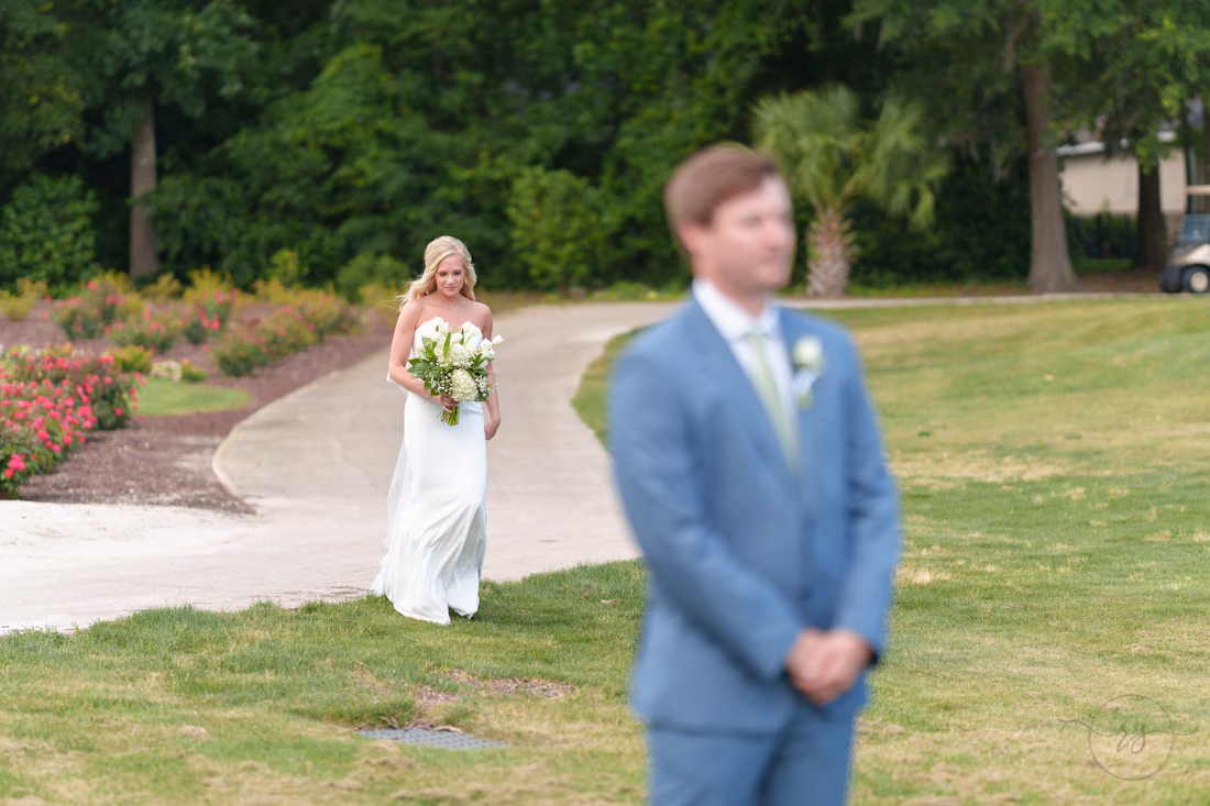First look with bride and groom on the golf course - Pawleys Plantation