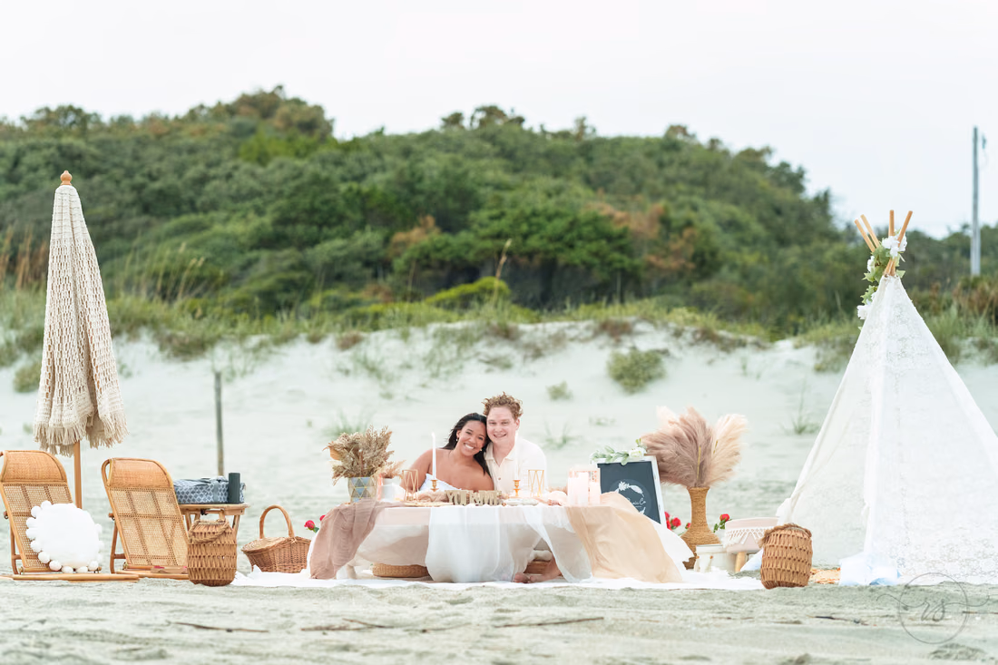 Wide view of the proposal picnic setup by the dunes - Myrtle Beach