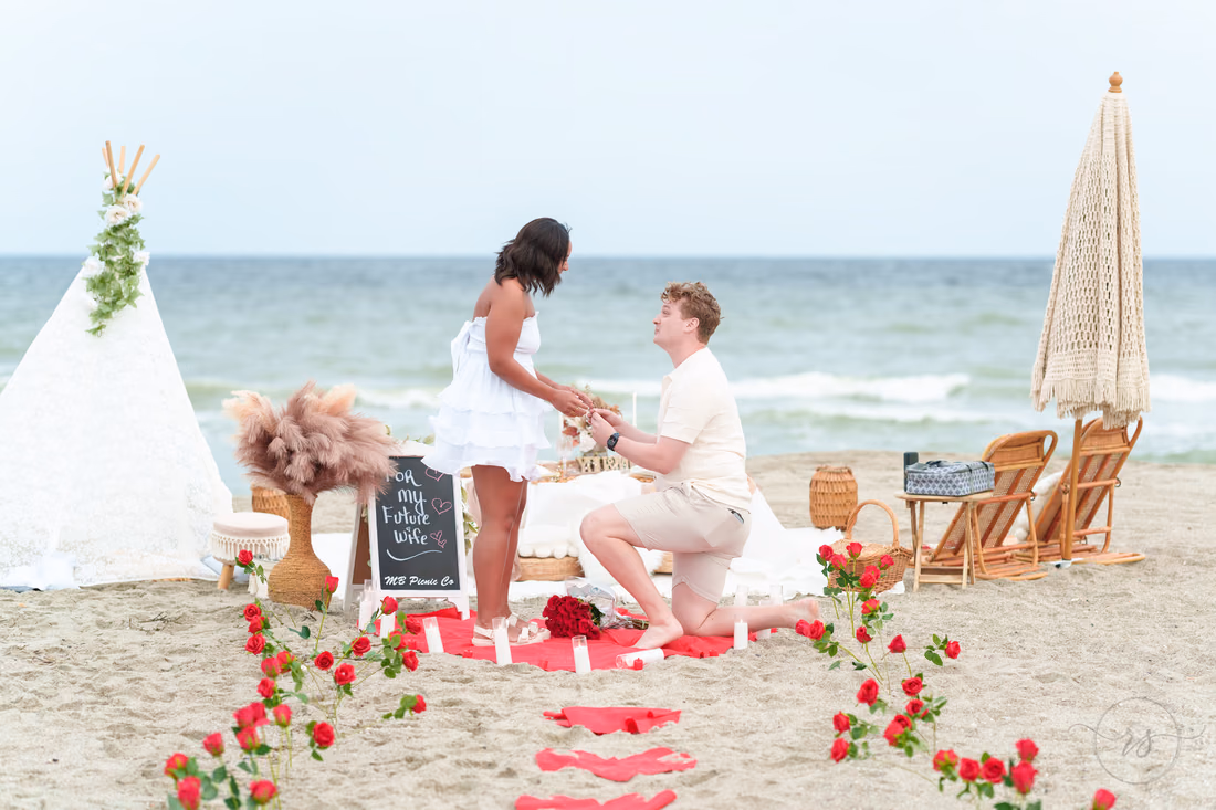 Surprise proposal with a romantic picnic setup on the beach - Myrtle Beach