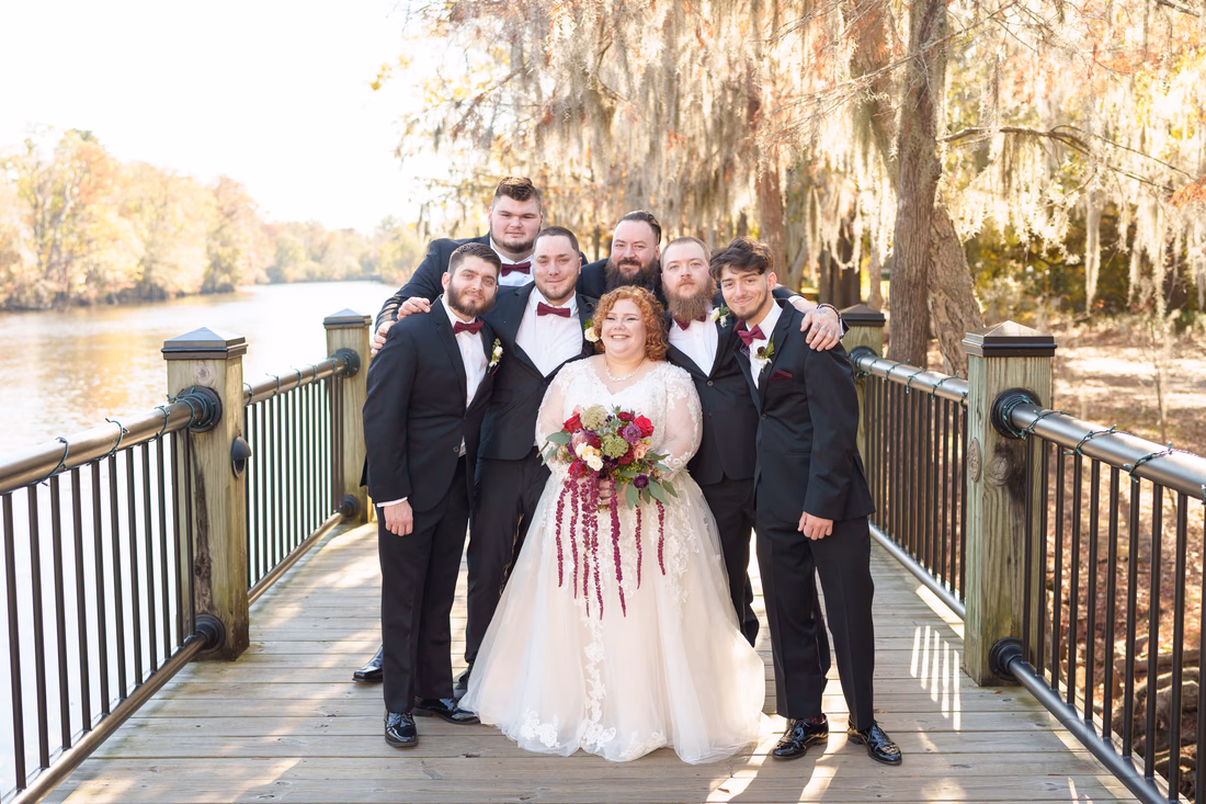Bride with groomsmen - The Cypress Inn - Conway, SC