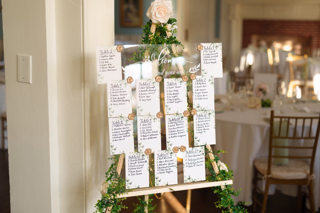 Seating chart on an easel in the reception room at Pine Lakes Country Club