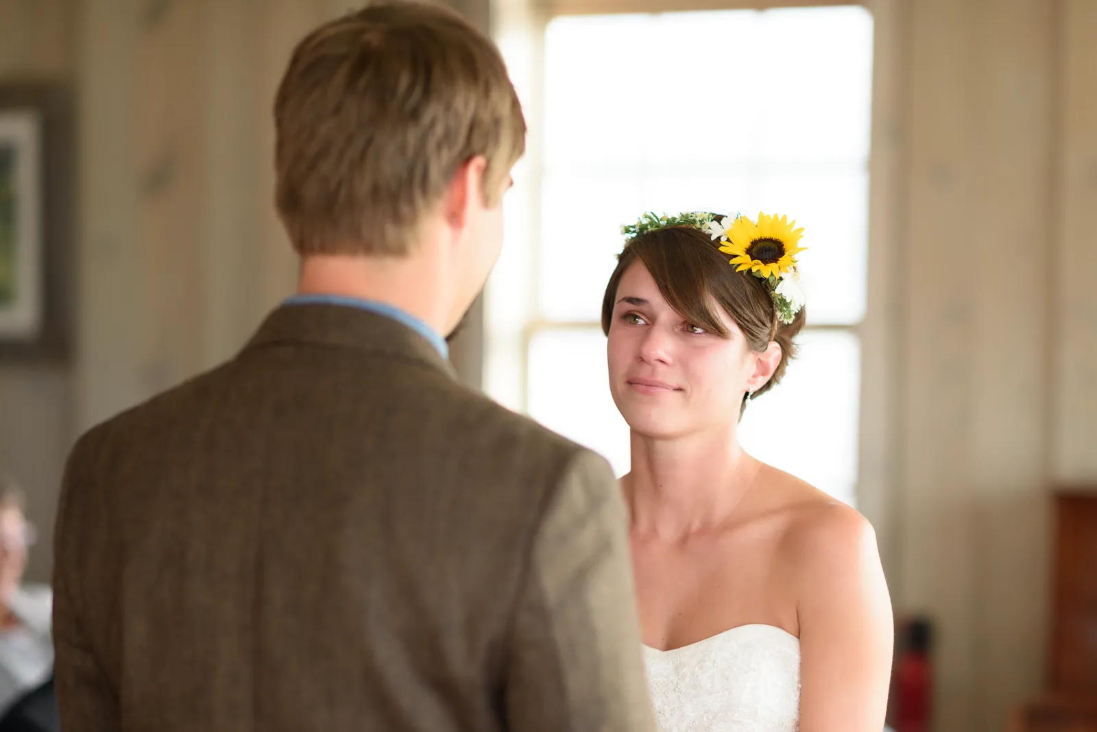 Bride tearing up during grooms vows to her - Pawleys Island Chapel