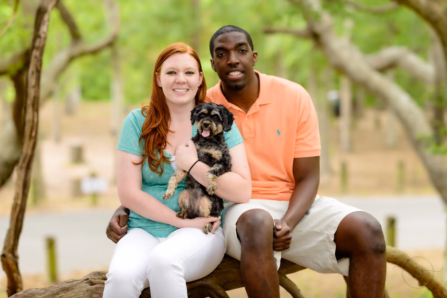 Smiling couple sitting on a log under the trees holding their small dog at Myrtle Beach State Park