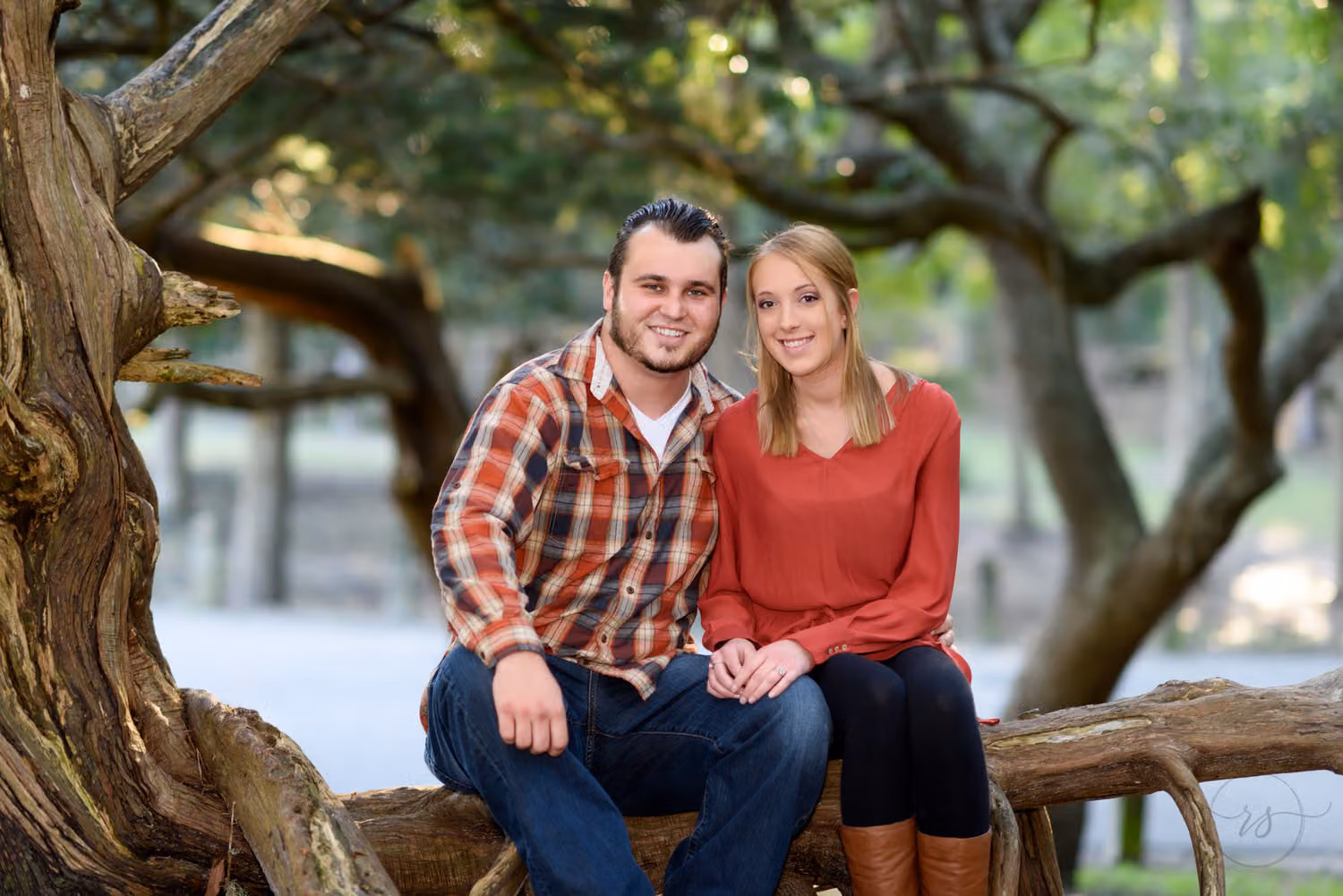 Couple in plaid and red sitting together on a low, twisting oak tree at Myrtle Beach State Park
