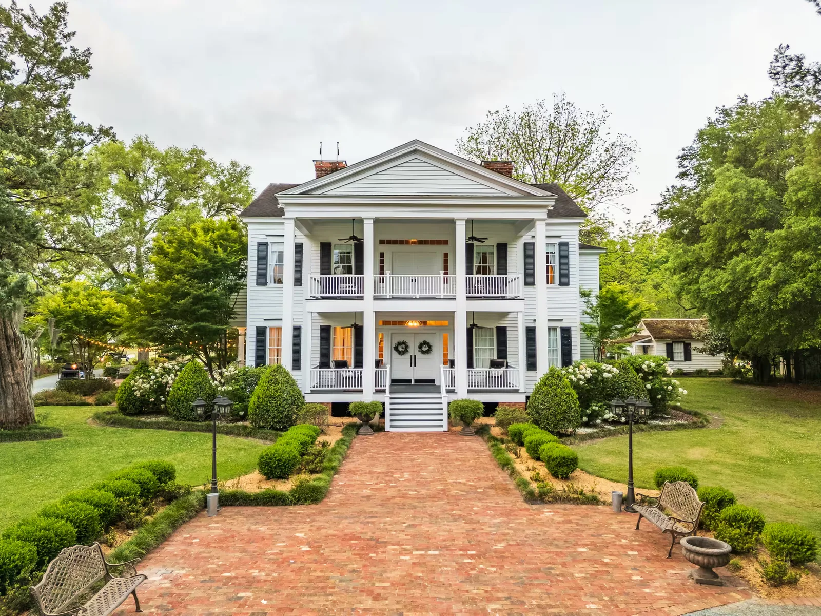 Drone view of the historic plantation house and brick walkway at Tanglewood Plantation in Lynchburg