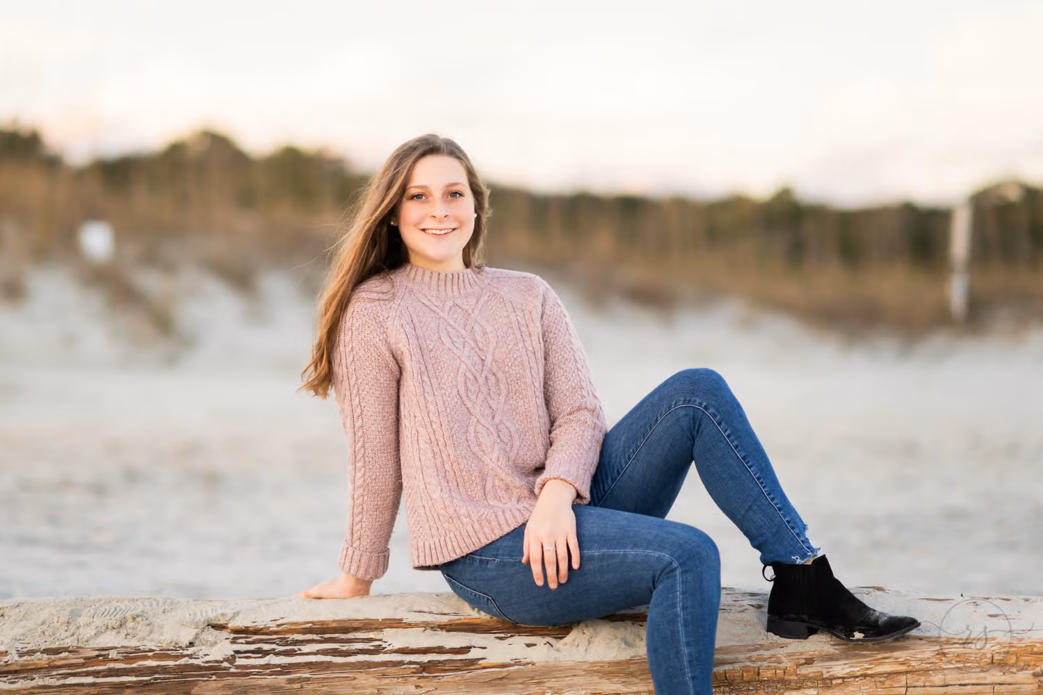 Senior in a pink sweater and jeans sitting on a driftwood log by the dunes at sunset at Huntington Beach State Park