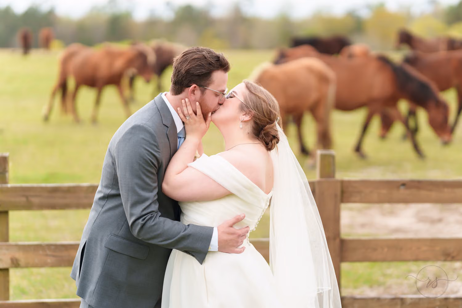 Groom in gray kissing the bride by a wooden fence with a herd of horses grazing behind them at Wildhorse at Parker Farms