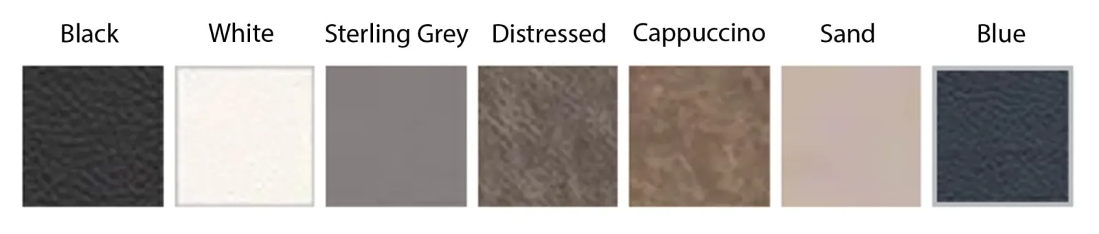Leather album cover swatches in black, white, sterling grey, distressed, cappuccino, sand and blue