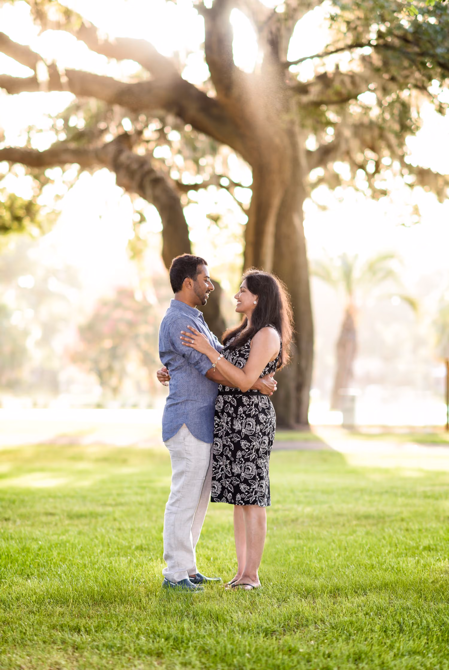 Couple embracing on a green lawn under a big oak tree with bright sunlight behind it at Myrtle Beach State Park