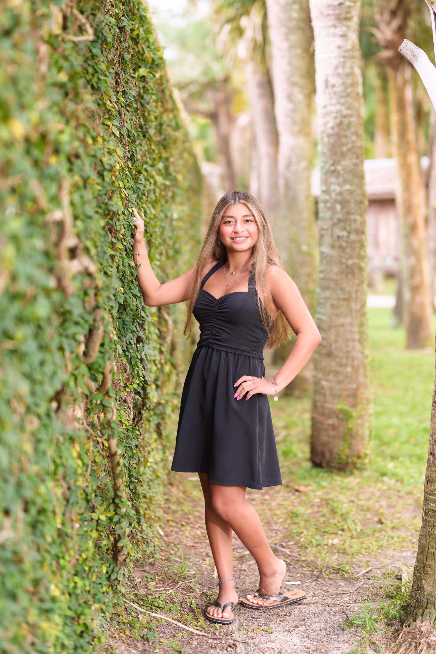 Senior in a black dress posing beside the ivy wall with palm trunks lining the path at Huntington Beach State Park