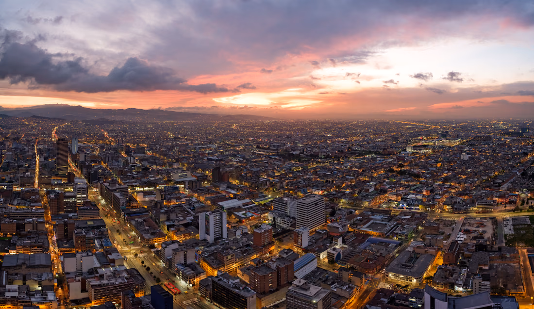 City lights of Bogota at dusk, seen from the top of Torre Colpatria after sunset