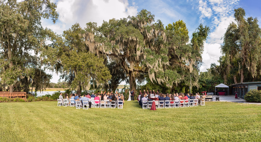 Panorama of ceremony on the lawn at the Carriage House - Magnolia Plantation - Charleston, SC