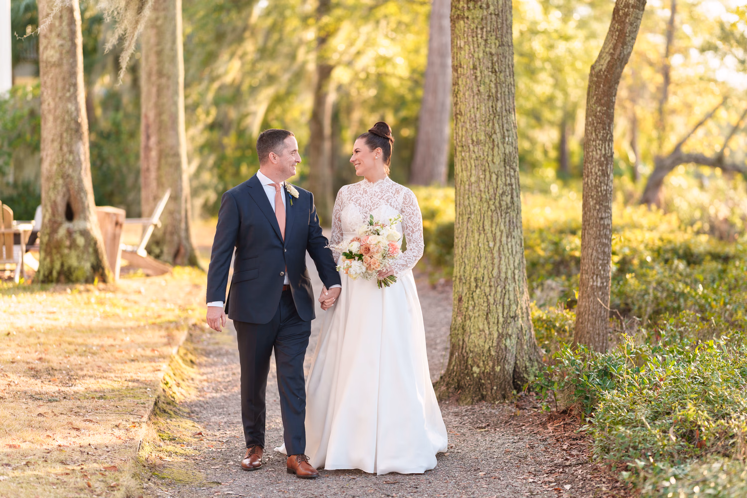 Romantic bride and groom portraits on the creek walkway - The Creek Club at I'On