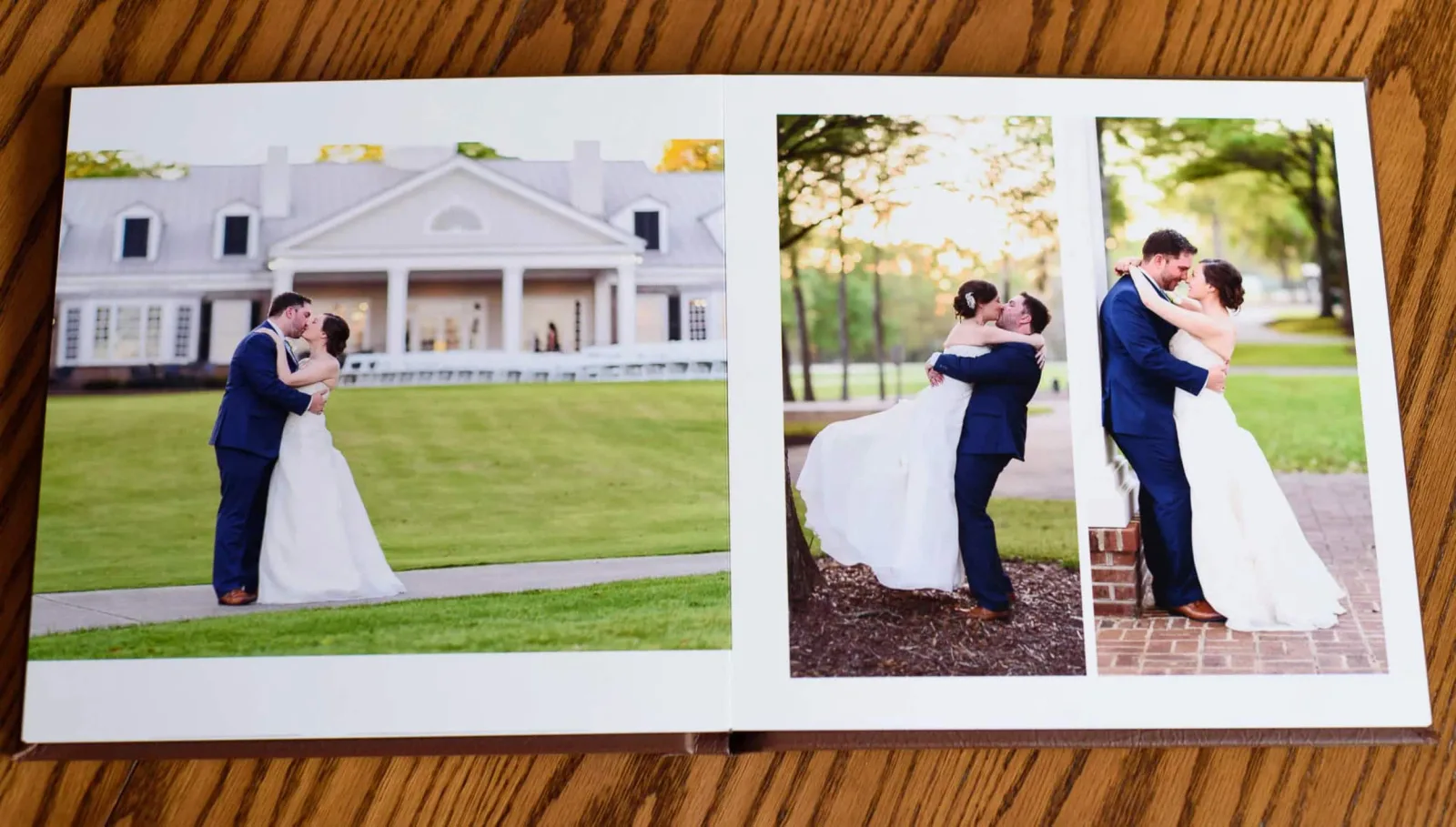 Standard album spread with couple portraits in front of a white clubhouse and a dip kiss