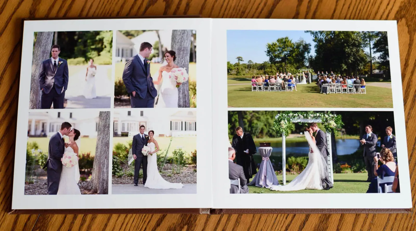 Standard album spread with first look photos outside and the outdoor ceremony