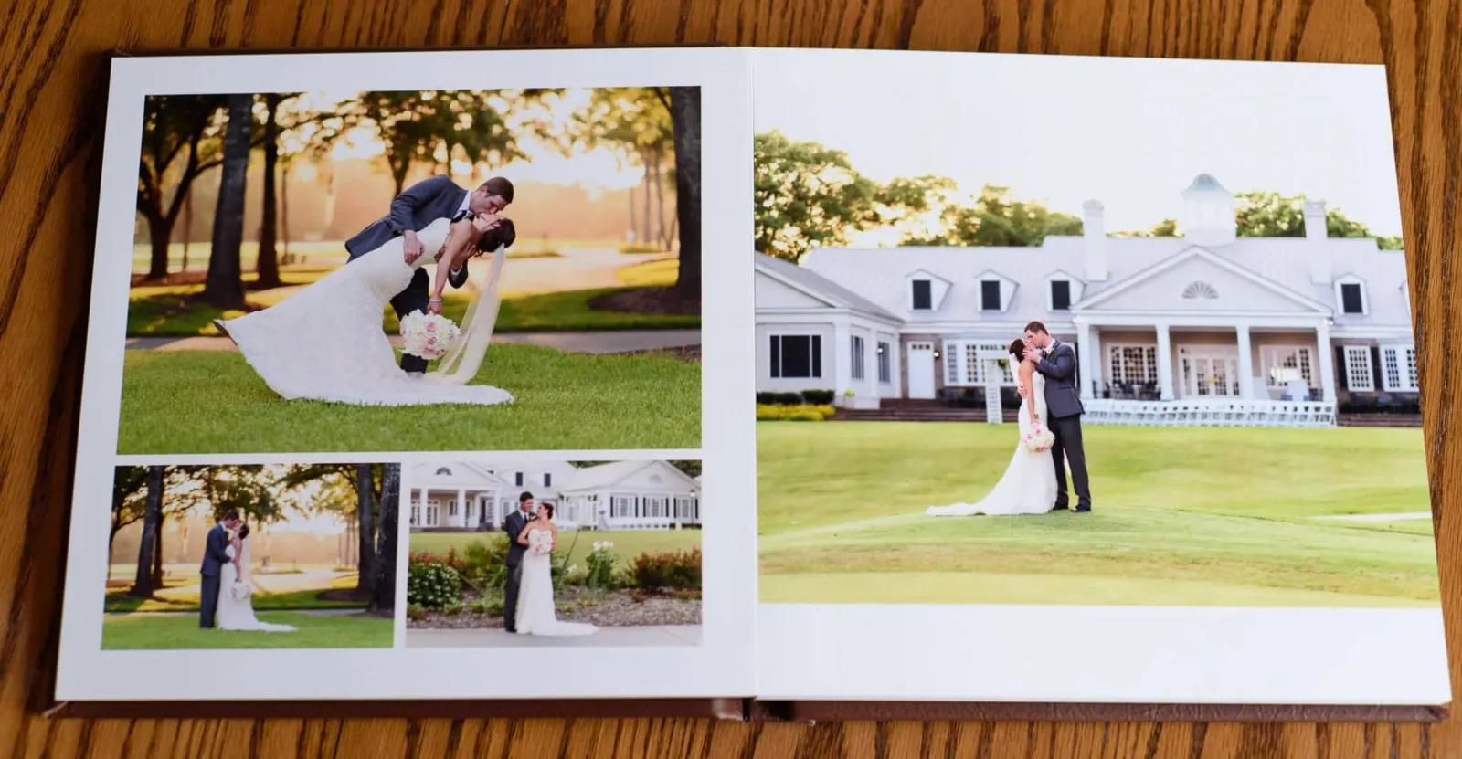 Standard album spread with couple portraits on the golf course and in front of a white clubhouse