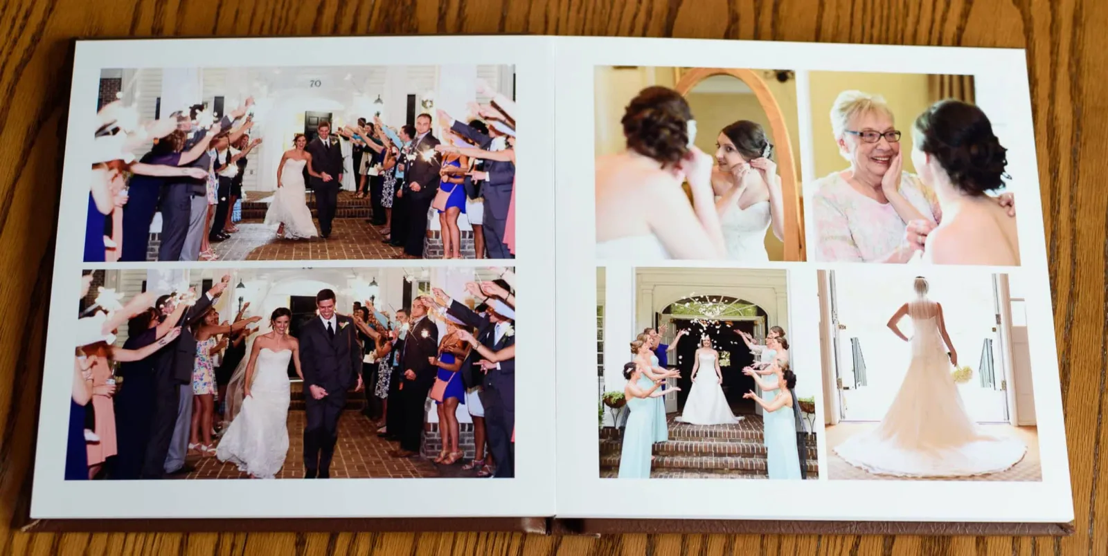 Standard album spread with the couple walking through a tunnel of guests and the bride getting ready